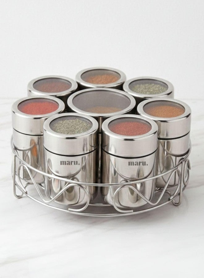 مارو طقم حاويات تخزين مارو من الفولاذ المقاوم للصدأ 8 في 1 للمطبخ، مزود بأغطية شفافة ملولبة وحامل سلكي دائري، صندوق تخزين متين متعدد الأغراض للمطبخ، مثالي للتوابل والأعشاب والفواكه المجففة، فضي اللون - Image 1